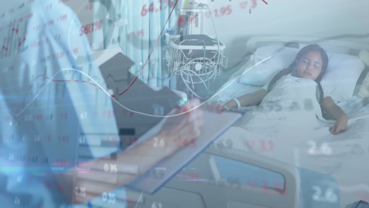 소녀 환자와 함께 웃는 백인 여성 의사에 대한 데이터 처리의 애니메이션