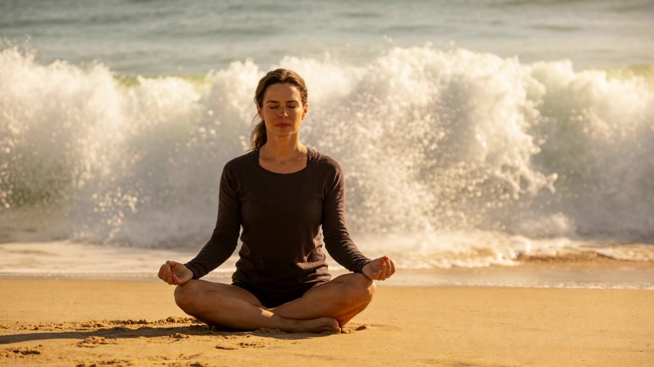 Sitting woman in dark clothes meditating calmly on sandy beach, incoming wave breaking behind her