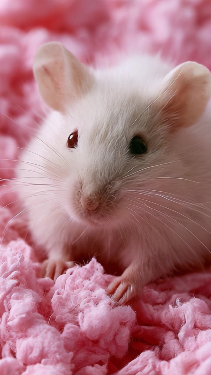 Un primo piano di un adorabile topo bianco su uno sfondo rosa tenue, catturando il dettaglio dei suoi baffi e della sua espressione curiosa