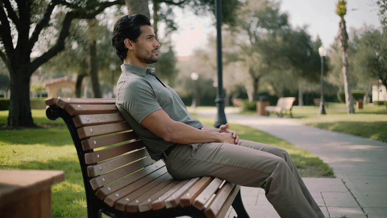 Hombre con polo verde y chinos entrando y sentándose, descansando en un banco del parque, con una botella de agua cerca