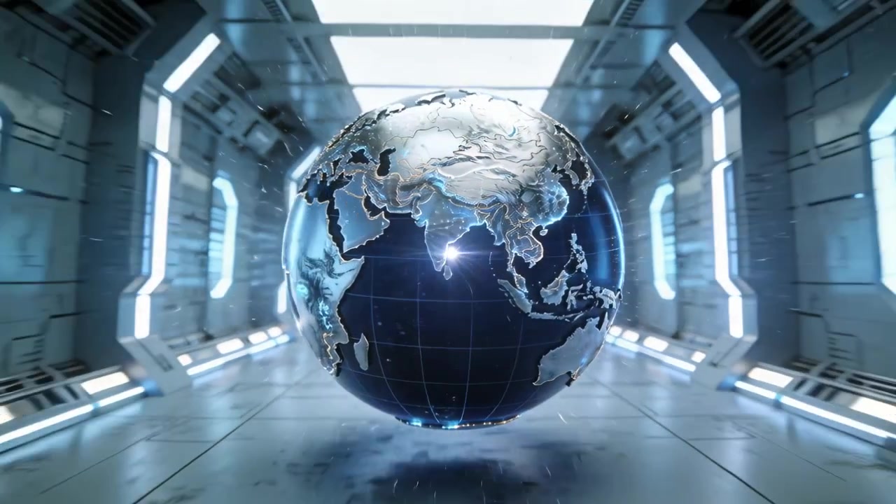 Rotating metal globe hovering in tech corridor, skylight pulsing cool then warm for display