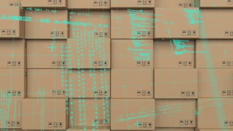 animación del procesamiento de datos sobre una pila de cajas de cartón