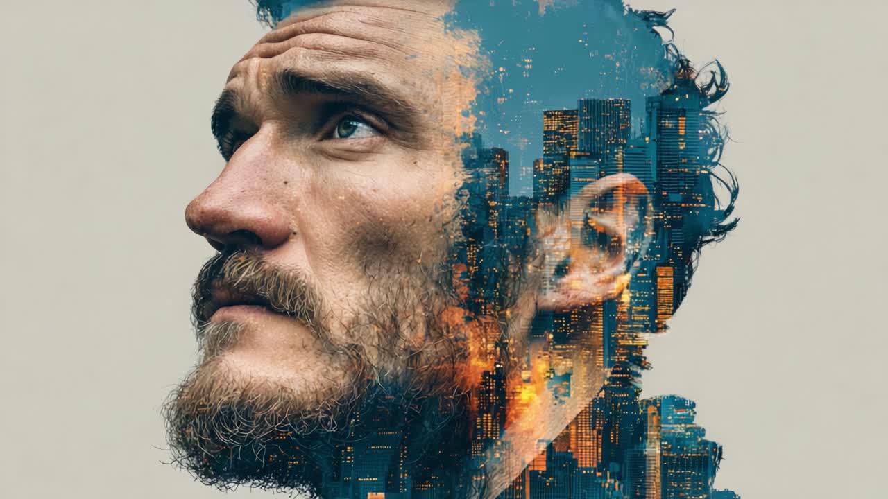 A striking visual exploration of duality, featuring a man's face seamlessly intertwined with a vibrant urban landscape, depicting the essence of humanity amidst city life
