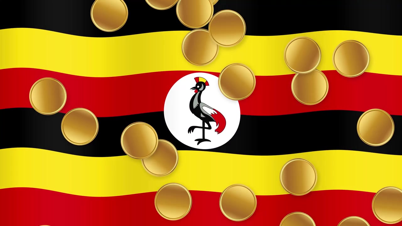 Monete d'oro cadono continuamente su una bandiera nazionale dell'Uganda che sventola, con illuminazione soffusa.