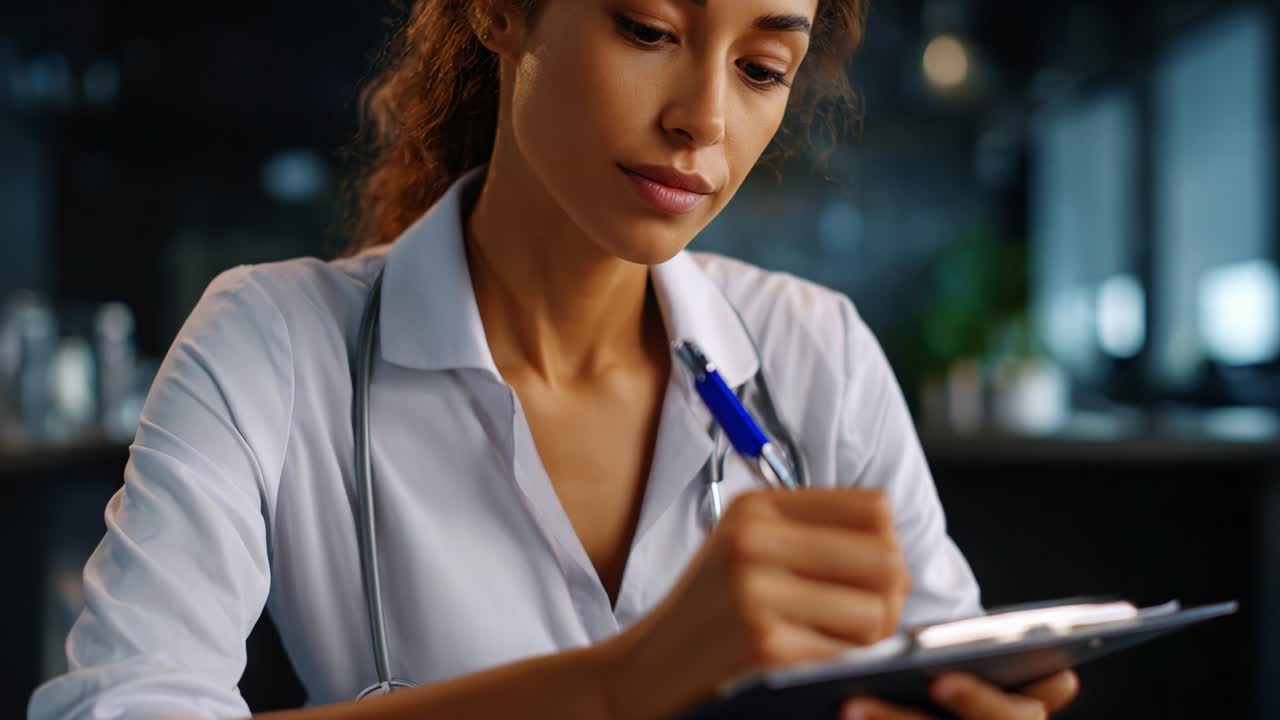Un professionista sanitario dedicato che esamina attentamente e annota importanti informazioni mediche in un ambiente clinico, illustrando l'essenza della cura del paziente e l'attenzione ai dettagli in un ambiente medico moderno
