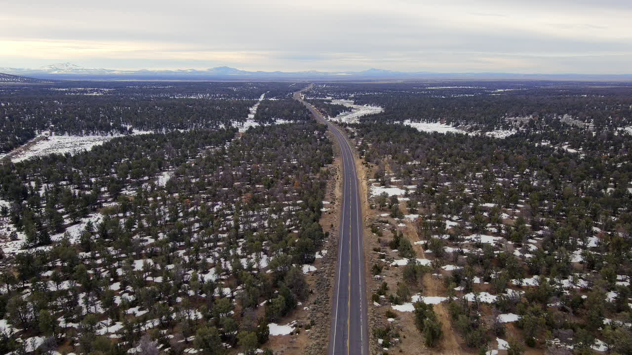 carretera de asfalto que pasa entre bosques en arizona - toma aérea de un avión no tripulado