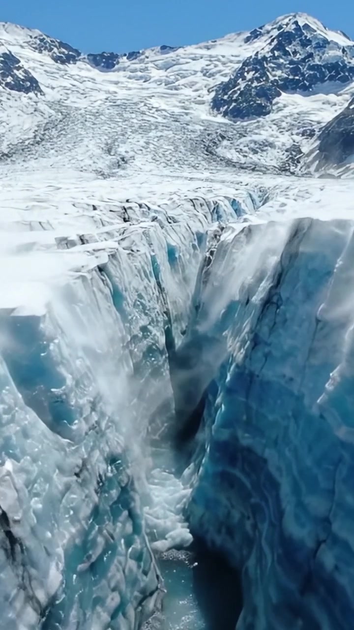 Impresionante vista de cerca de una majestuosa grieta de glaciar rodeada de picos nevados bajo cielos azules claros, mostrando las formaciones de hielo y la belleza de la naturaleza.