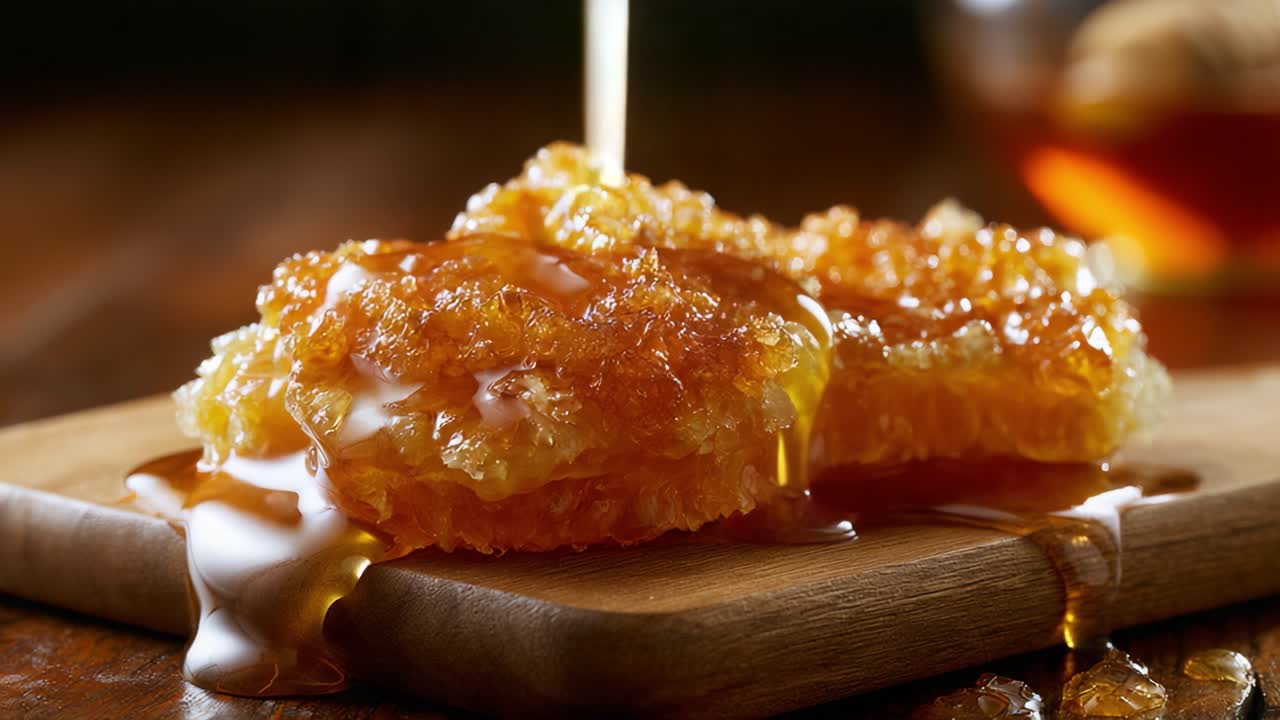 Delizioso primo piano di favo dorato che cola dolcezza, catturando la bellezza naturale e la ricca consistenza del miele appena raccolto su un tagliere di legno.