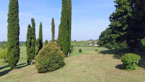 Drohnenaufnahmen-Aus-Der-Luft,-Die-Durch-Große-Bäume-Fliegen-Und-Einen-Garten-In-Italien-Verfolgen