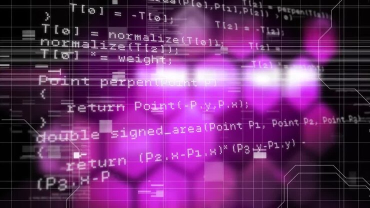 Digitale Animation von Datenverarbeitung über rosa chemischen Strukturen vor schwarzem Hintergrund