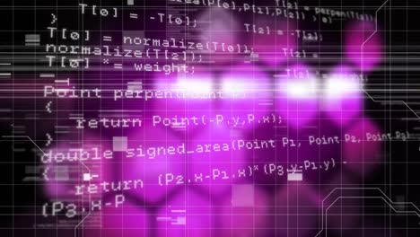 Digital animation of data processing over pink chemical structures against black background