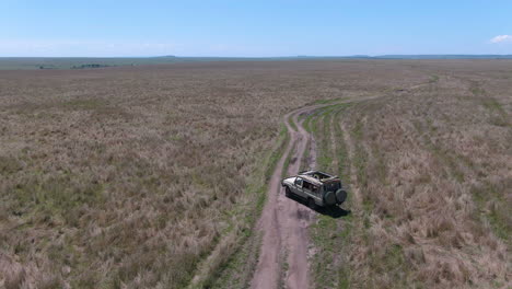 drone shot of off-road vehicle drives through grasslands in serengeti