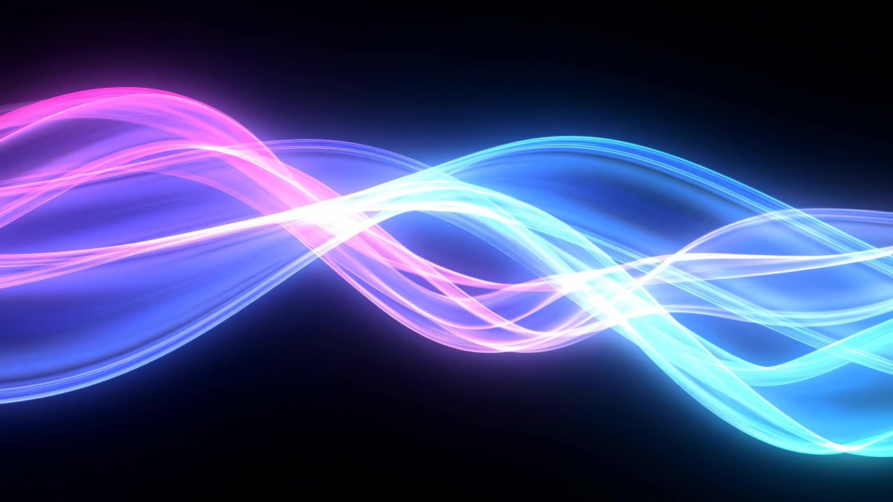 Bright flowing ribbons of pink, purple, blue, and cyan sweep across a black background in smooth luminous motion with a high-contrast modern abstract look