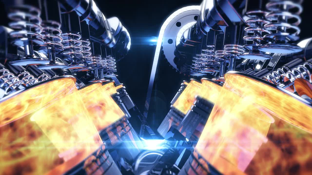 Shiny V8 Engine In Motion With Explosions