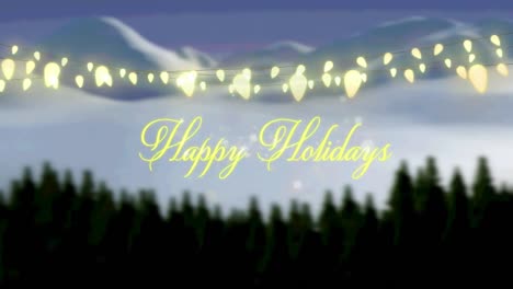 Animation-of-christmas-seasons-greetings-and-glowing-fairy-lights-over-winter-landscape