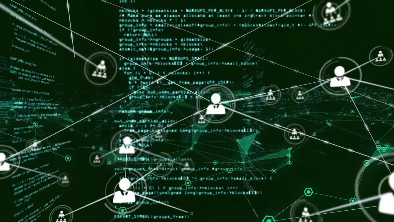 Animation of digital interface showing information with network of people icons