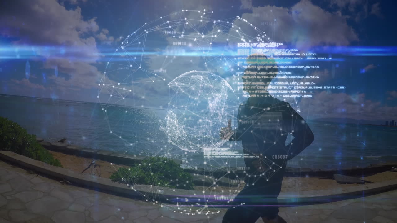 animación del globo de conexiones sobre el hombre en forma corriendo en la playa