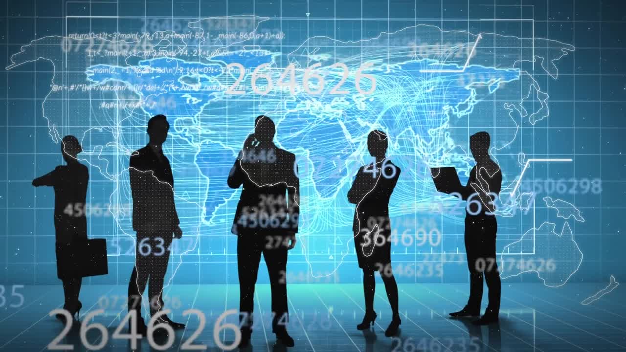 사업가들과 세계 지도에 대한 데이터 처리 애니메이션