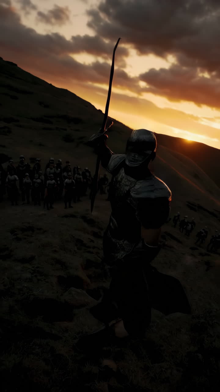 Silhouette of a Warrior at Sunset Battlefield