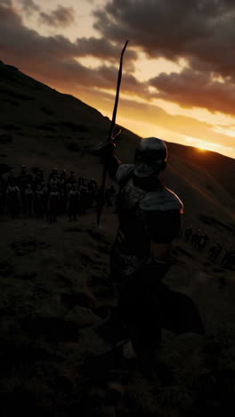 silhouette of a warrior at sunset battlefield