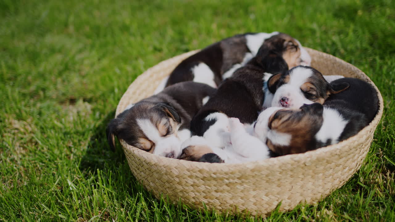 lindos cachorros de beagle durmiendo en una canasta que se encuentra en la hierba verde