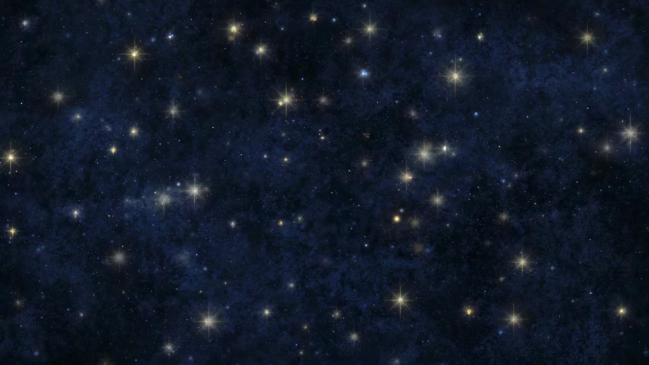 Growing gold spiked stars and glitter filling navy-gray backdrop as frames shift, with color grain