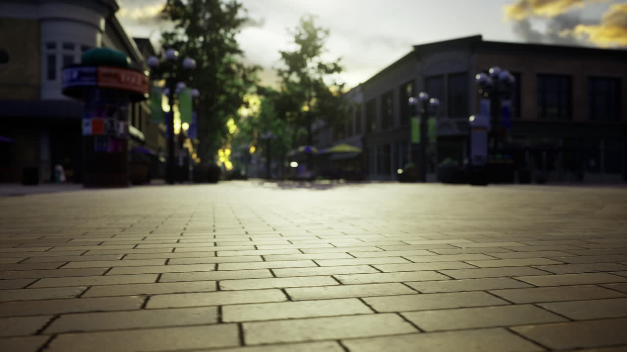 Quiet afternoon on a closed street with reflections and soft sunlight