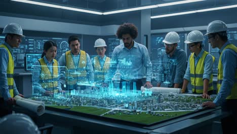 a dynamic team collaborating on a high-tech urban development project, engaged in discussion and strategy visualization using advanced 3d mapping technology