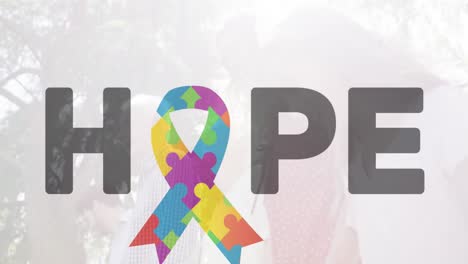 Animation-of-colourful-puzzle-pieces-forming-ribbon-and-hope-autism-awareness-month-text-over-family