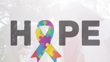 animation of colourful puzzle pieces forming ribbon and hope autism awareness month text over family