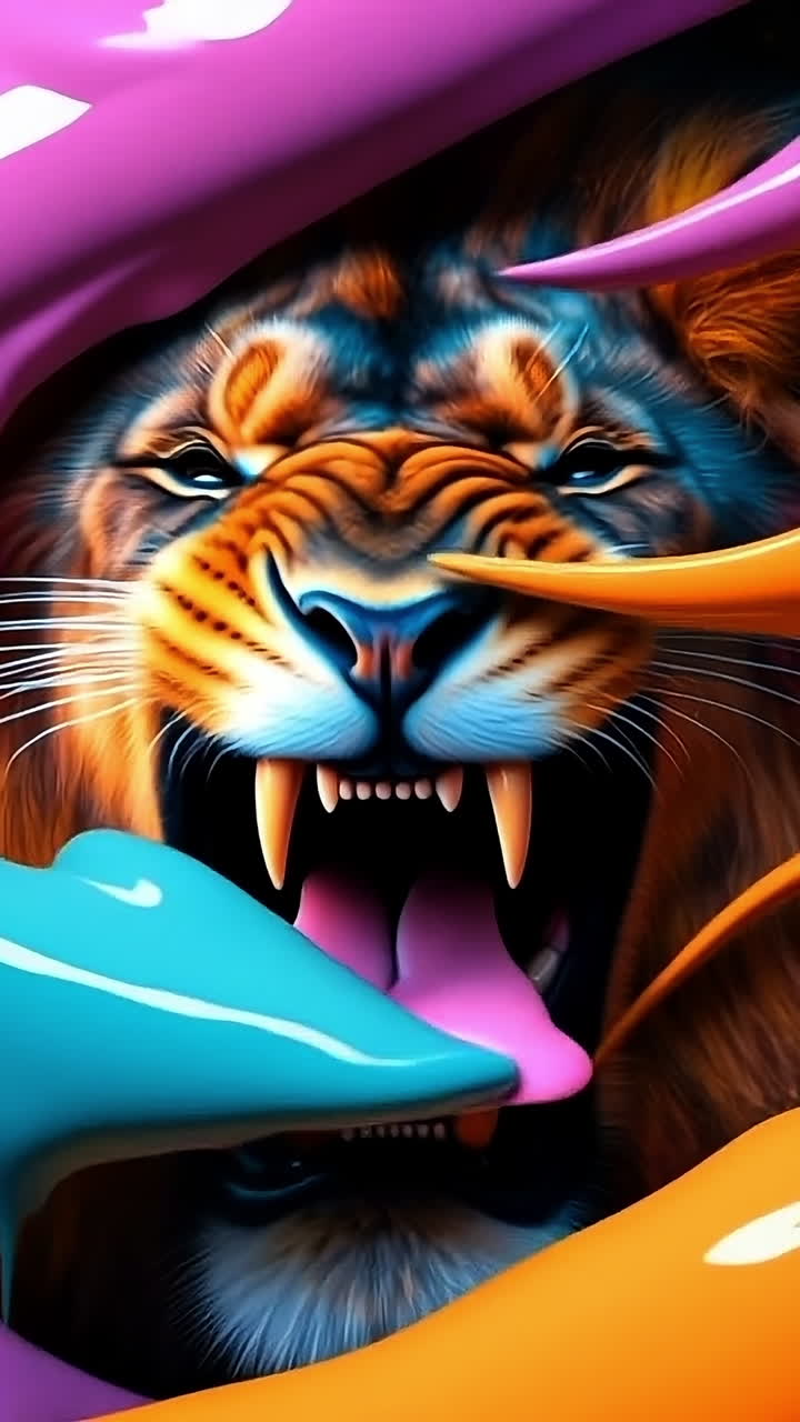 Vibrant lion in paint swirls. A fierce lion's face bursts through vivid streams of paint, showcasing a blend of orange, blue, and purple hues.