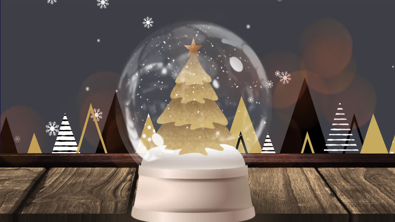 갈색 배경에 있는 스노우 글로브 위에 떨어지는 크리스마스 스노우플레이크의 애니메이션