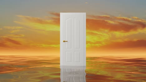 white door over an ocean, with time lapse sunset clouds reflecting in the water, is opening and reveals a green screen.