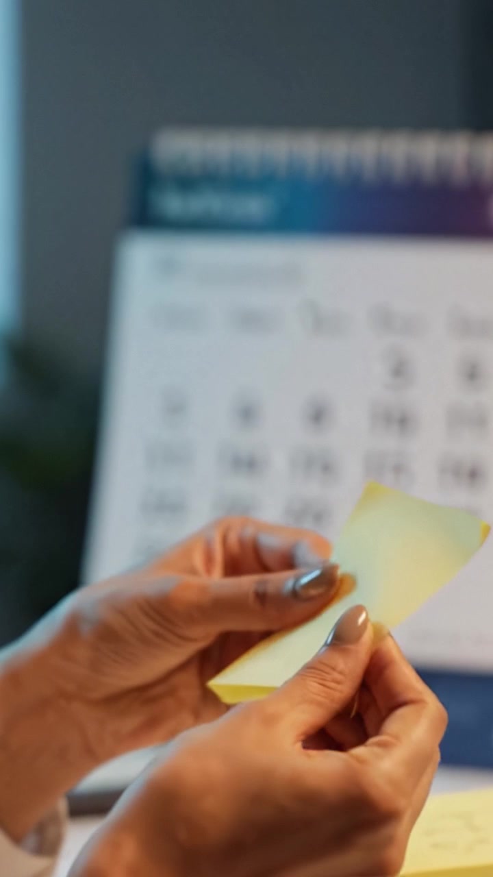 An Organized Workspace Featuring Hand Interactions with Sticky Notes and a Calendar in the Background, Highlighting Productivity and Time Management Practices
