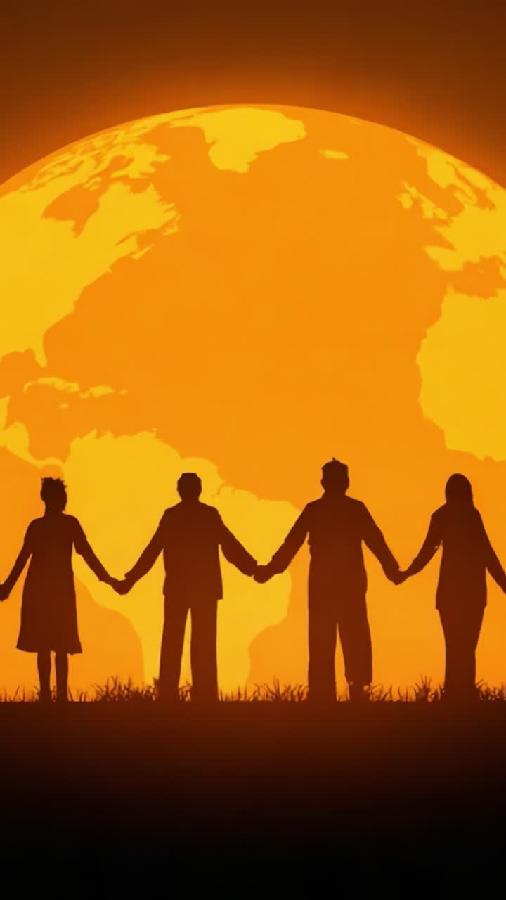 Unity in Diversity: Silhouetted Figures Holding Hands Against a Majestic Orange Sunset with Earth in the Background, Symbolizing Togetherness and Global Harmony