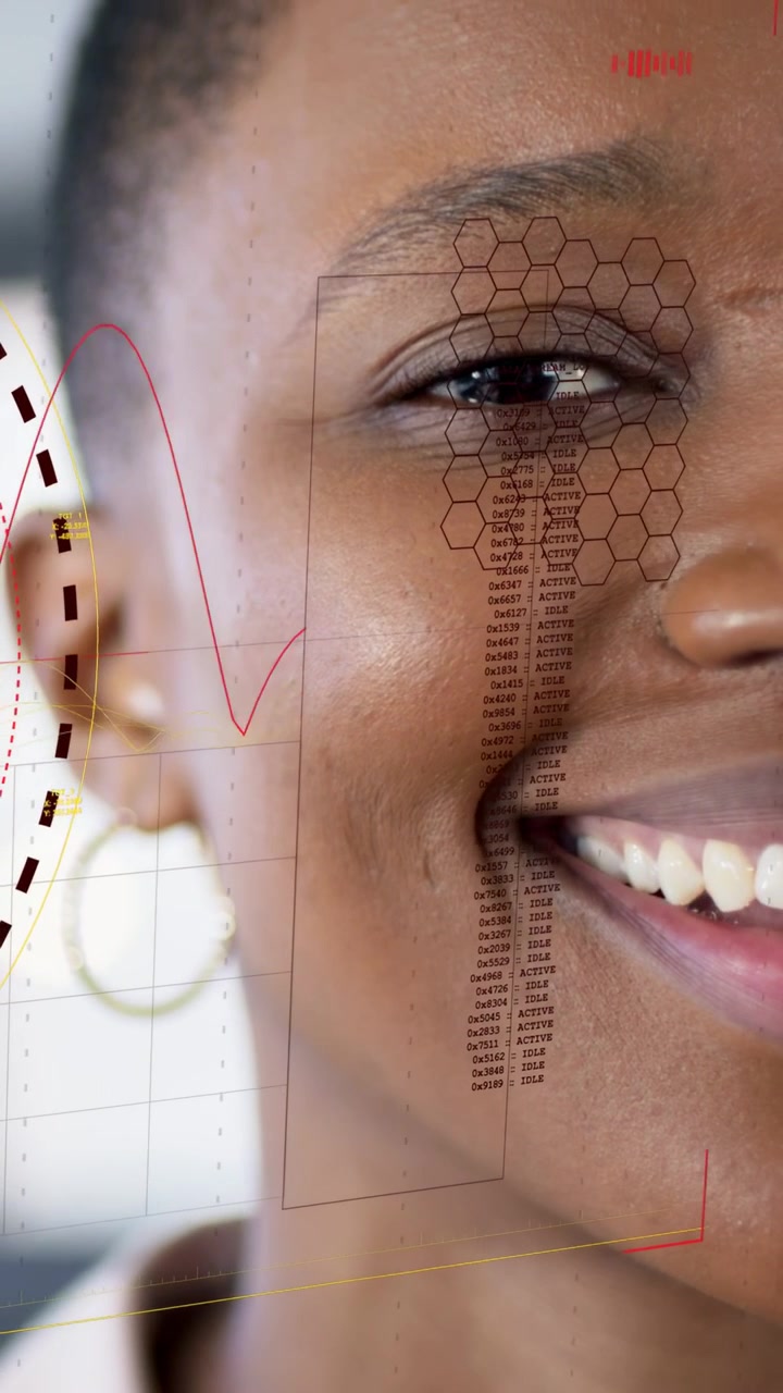 Vertical video: Woman opening eyes and smiling in tech shot waveform aligning for facial tracking