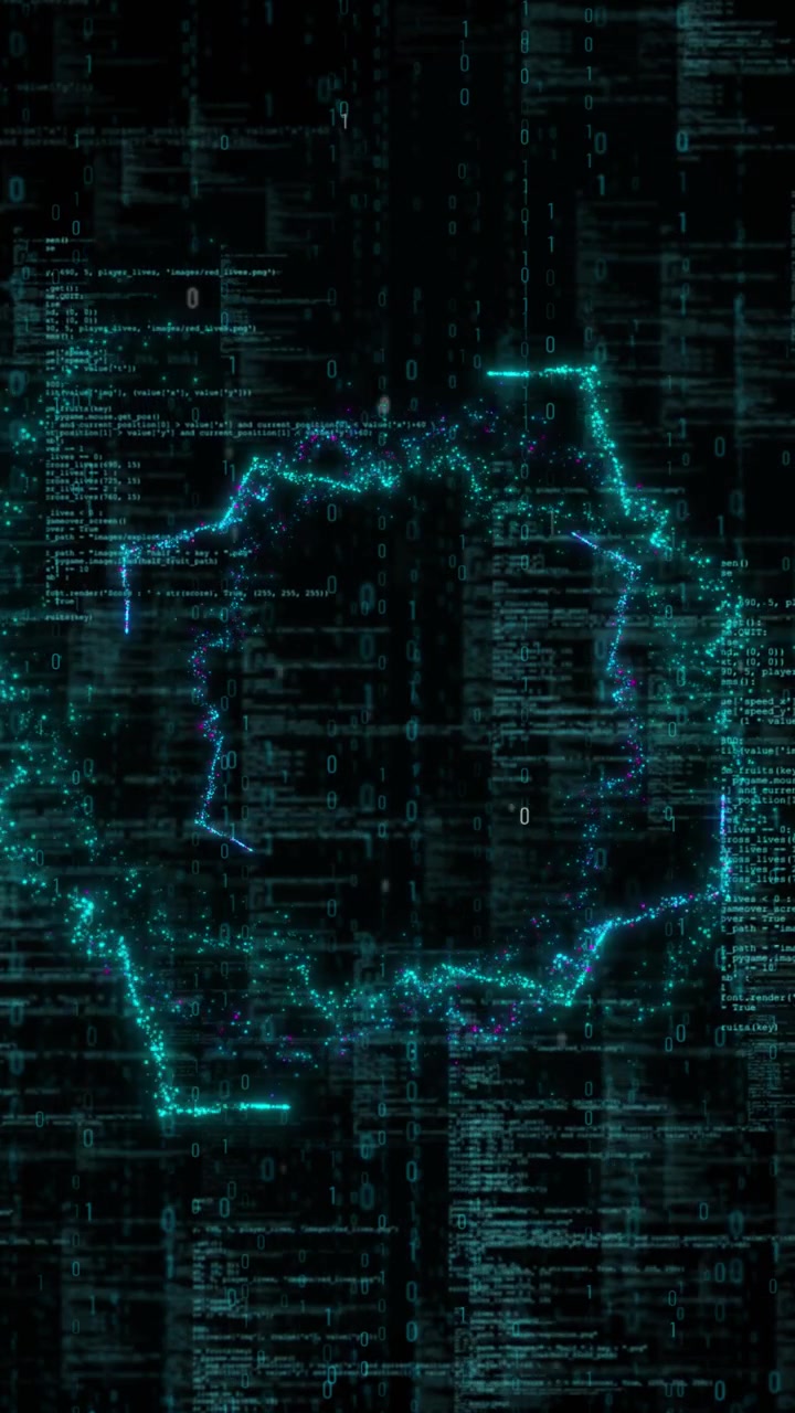 Digital globe code background with teal particle world outline binary rain and programming text