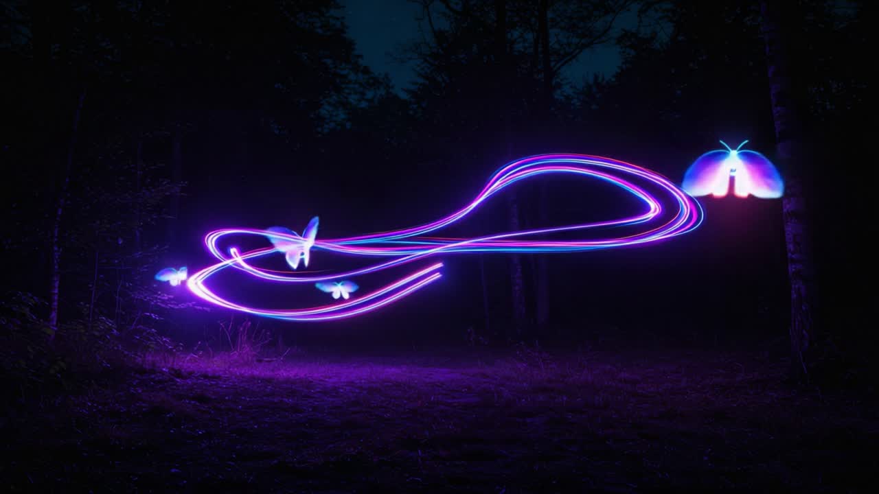 Magical Butterflies Illuminate the Night: A Stunning Display of Light Trails in a Serene Forest Setting Captivating the Viewer with Enchantment and Wonder