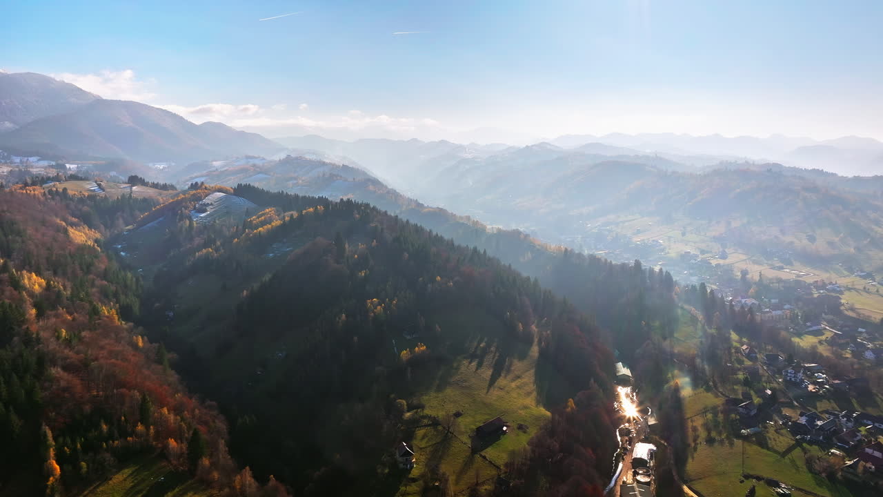 Aerial drone view of the Carpathian Mountains, near Brasov, Romania
