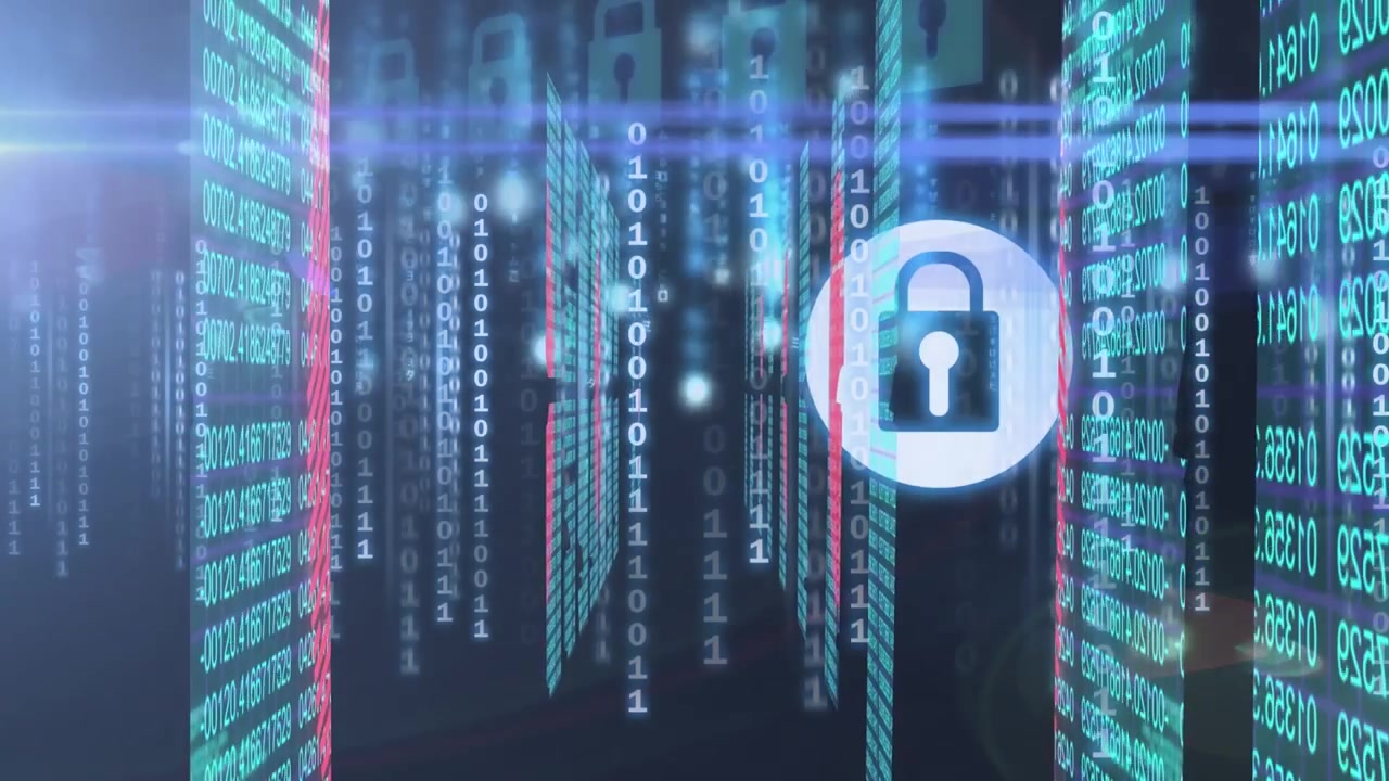 Animation of red pattern over online security padlock data processing on black background
