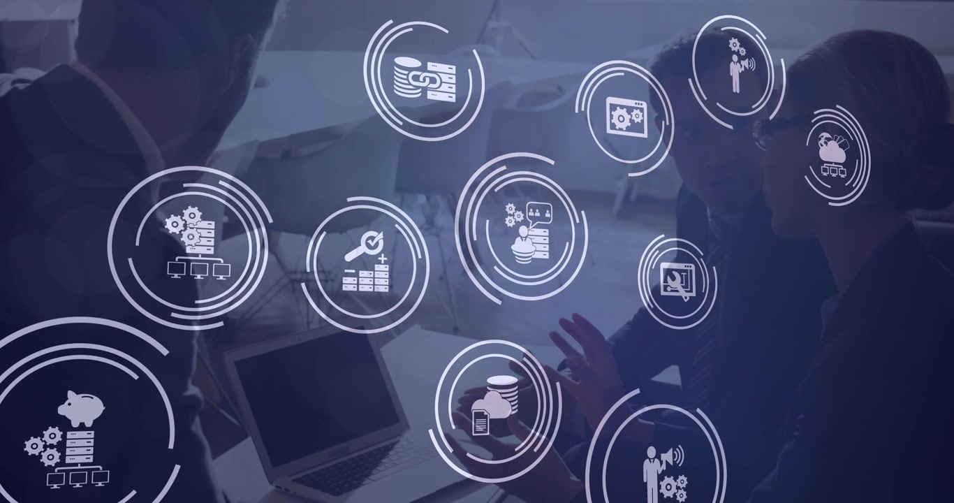 Animazione di una rete di icone digitali su diversi professionisti