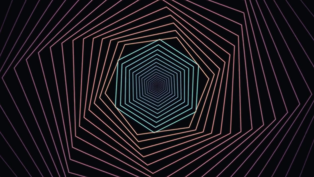 Tunnel astratto di esagoni al neon rotanti