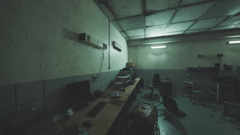 dimly lit abandoned office filled with scattered paperwork