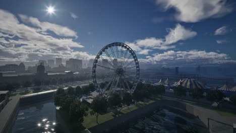 ferris wheel overlooking a city skyline