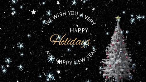 animation of happy holidays text over christmas tree and snow falling