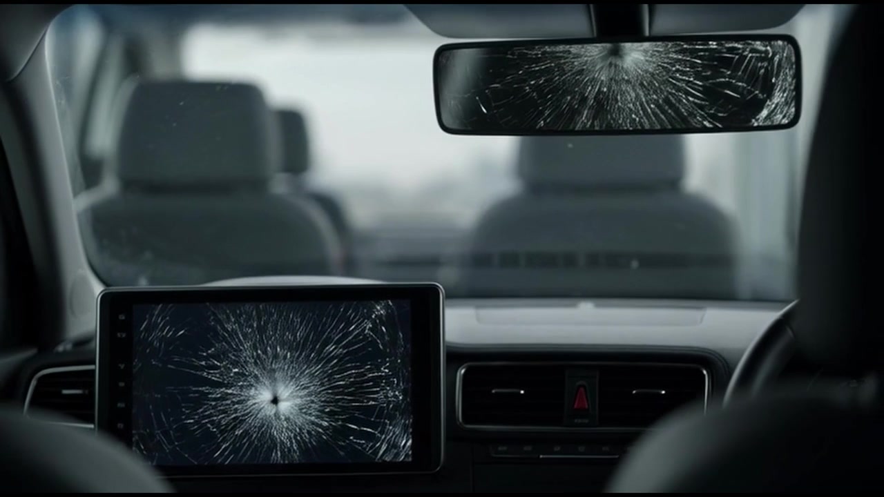 Broken Car Infotainment Screen and Rearview Mirror