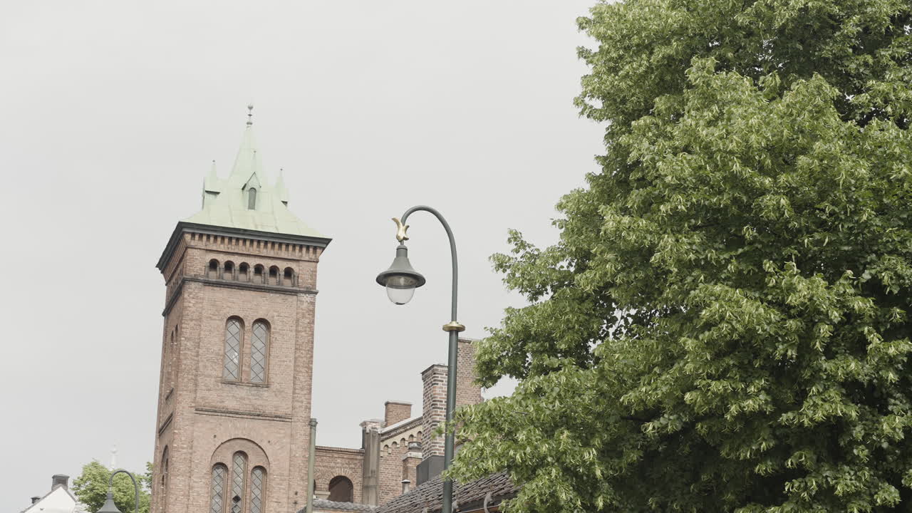 Old European Cityscape with Tower and Trees
