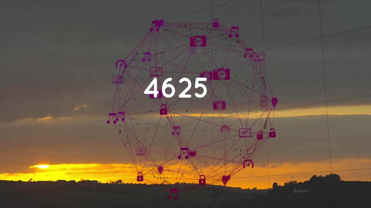 animación de un número creciente y globo de conexiones con íconos sobre el paisaje