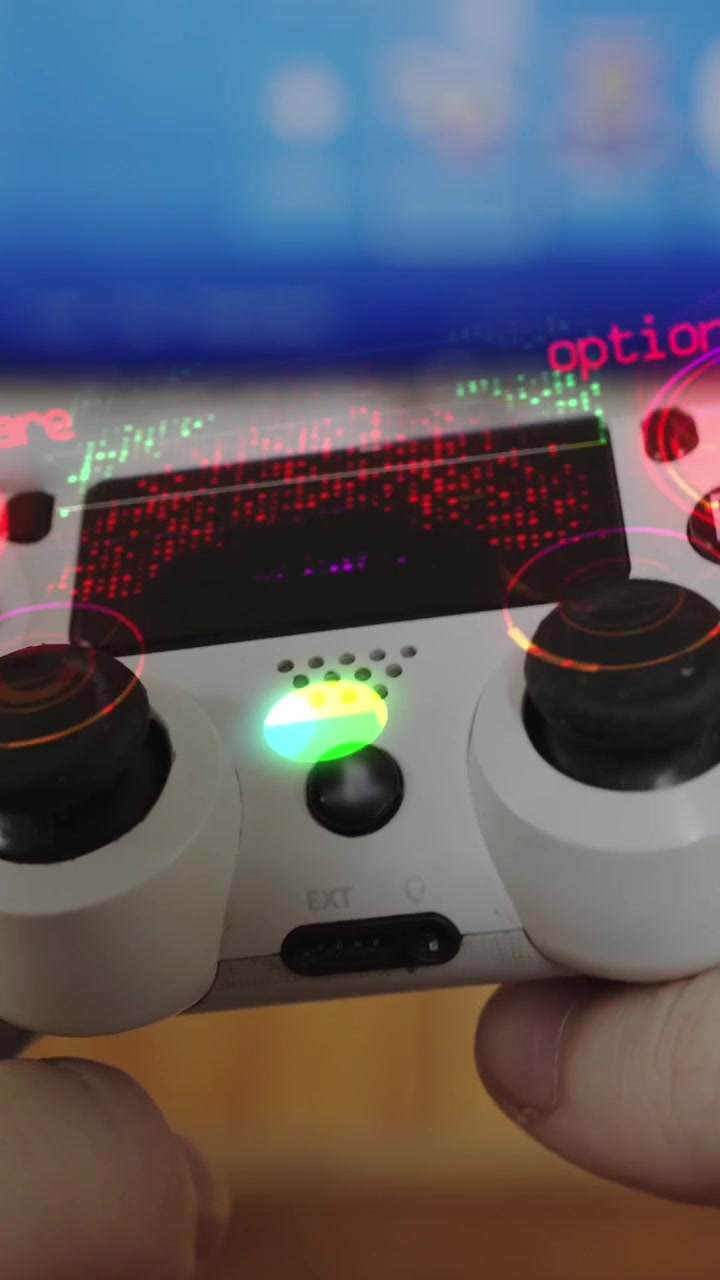 Close up of a game controller with glowing buttons and dynamic hud overlays a player grips the