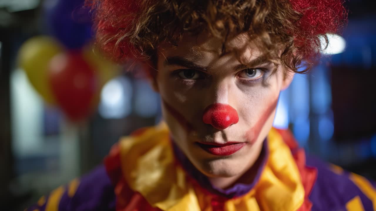 Et nærbillede af en mandlig klovn med livlig makeup og farverigt tøj, der viser et intenst udtryk mod en baggrund af balloner og svag belysning
